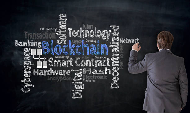 istock Businessman writes Blockchain cloud on blackboard Concept 913861880