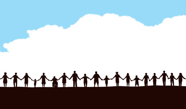 Community, People in a Row Holding Hands Silhouette illustration of a row of people holding hands against blue sky line of people holding hands stock illustrations