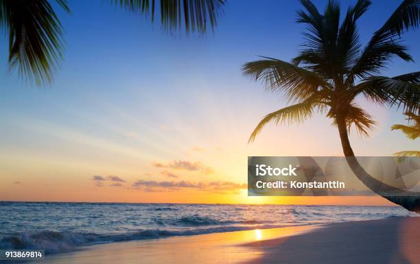 Art Beautiful Sunset Over The Tropical Beach Stock Photo - Download Image Now - Sunset, Beach, Mexico