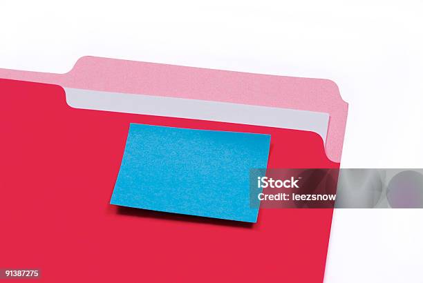 Red File Folder With A Blank Blue Sticky Note Stock Photo - Download Image Now - File Folder, Adhesive Note, Attached