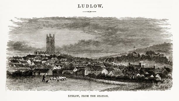 Ludlow, England in Early 18th Century Victorian Engraving, Circa 1840 Very Rare, Beautifully Illustrated Antique Engraving of Ludlow, England in the Early 18th Century Victorian Engraving, Circa 1840 from Our Own Country, Great Britain, Descriptive, Historical, Pictorial. Published in 1880. Copyright has expired on this artwork. Digitally restored. ludlow shropshire stock illustrations