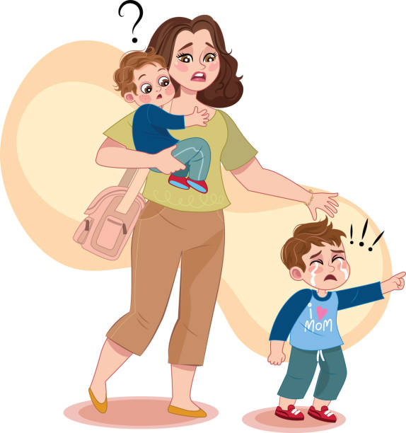 illustrations, cliparts, dessins animés et icônes de mère de deux garçons - mother holding child pointing