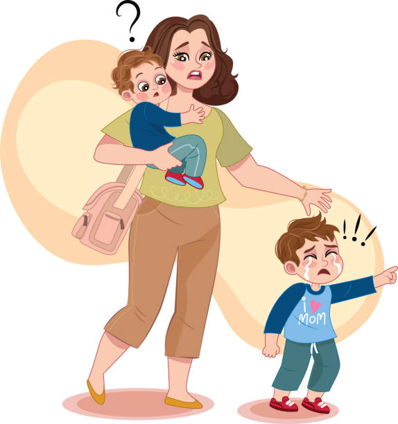 ilustrações de stock, clip art, desenhos animados e ícones de mother of two boys - mother holding child pointing