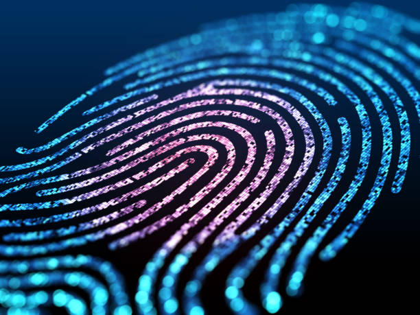 digital fingerprint on black screen. - thumbprint imagens e fotografias de stock