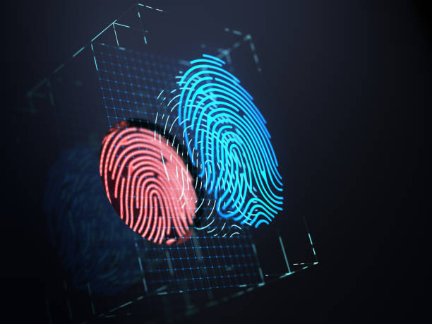 impronta digitale sullo schermo nero. - biometrics fingerprint identity flat bed scanner foto e immagini stock