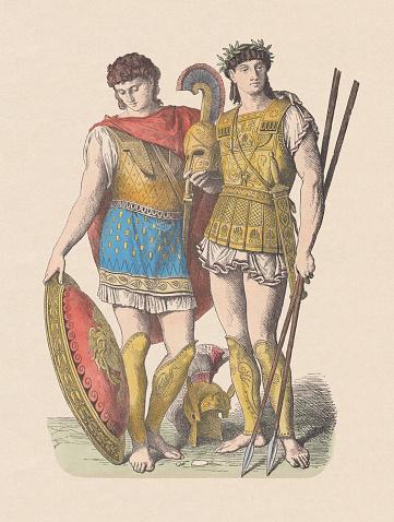Ancient greek fashion: military leaders, pre-Christian time. Hand colored wood engraving, published c. 1880.