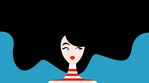 Illustration of black-haired woman Vector illustration of beautiful woman with black hair on blue background cartoon human face eye stock illustrations