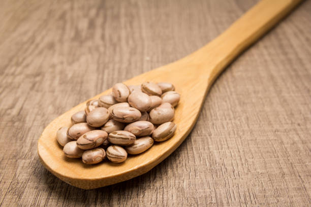 Phaseolus vulgaris is scientific name of Pinto Bean legume. Also known as Frijol Pinto and Feijao Carioca. Spoon and grains over wooden table.