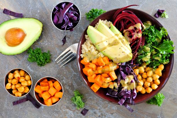istock Buddha bowl on a stone background. Healthy eating, overhead scene. 913903716