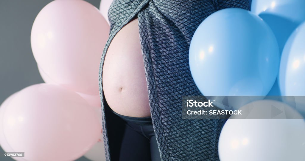 Close Up Pregnant Belly Baby Bump Girl Boy Pink Blue Colored Balloons Celebration Shower Reveal Annoucement Concept Motherhood Maternity Life Baby Boys Stock Photo