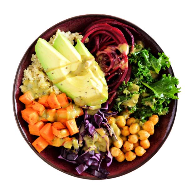 istock Healthy vegan Buddha bowl. Top view, isolated on white. 913903862