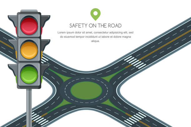 ilustrações de stock, clip art, desenhos animados e ícones de vector roundabout road junction and traffic light isolated on white background. safety street traffic and transport. - traffic roundabout