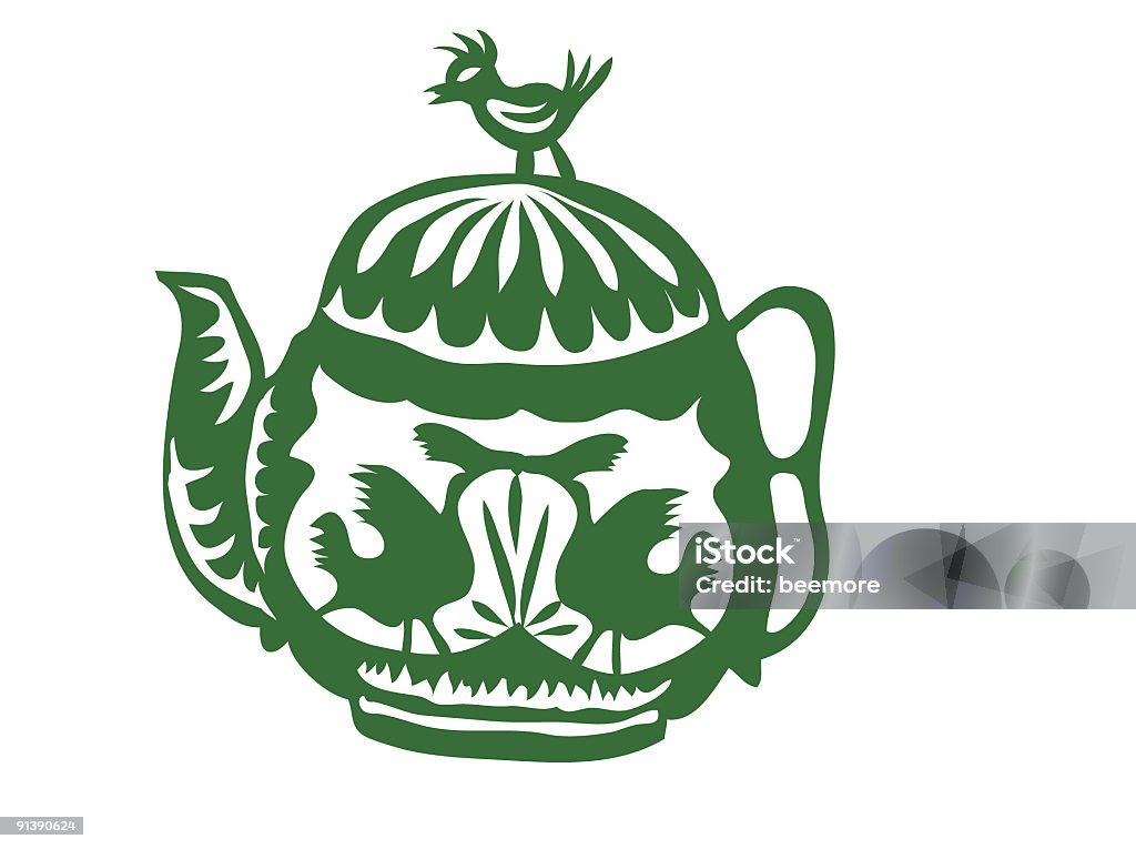 Bule de chá verde com entalhes de pássaros - Ilustração de Artesanato royalty-free