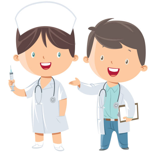 ilustrações de stock, clip art, desenhos animados e ícones de little doctor and nurse - family cartoon child little girls