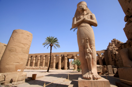 This statue of an ancient pharaoh is found at the Temples of Karnak on the Luxor East Bank