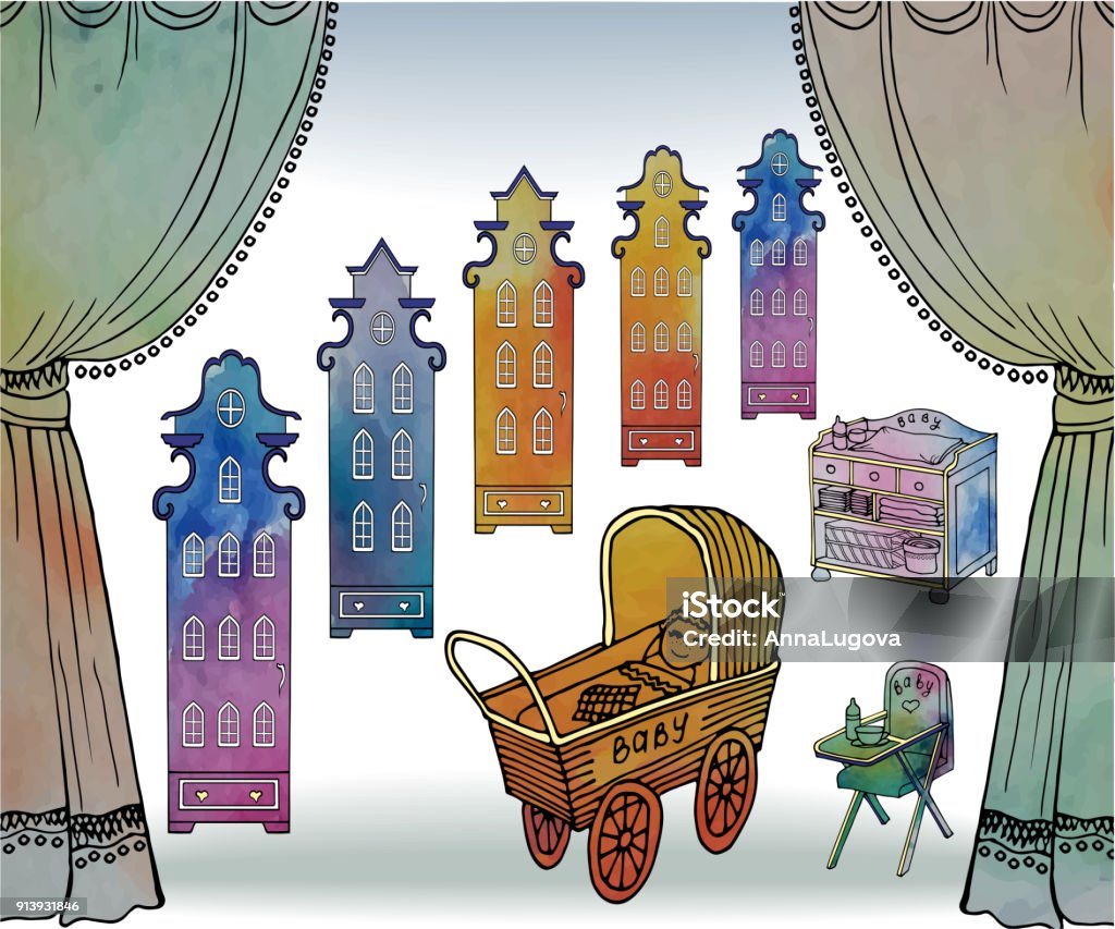 banner big baby stroller watercolor composition banner in the room set of baby carriages and toys, and behind the window behind the curtains old city from stylized houses painted for the baby of the newborn in vector Amsterdam stock vector