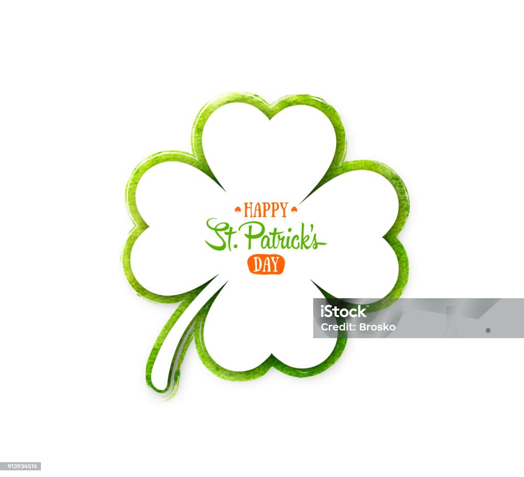 Irish holiday Saint Patrick's Day. White quatrefoil clover on green watercolor background. Vector illustration with four-leaf clover for greeting card, poster, celebration banner Clover stock vector
