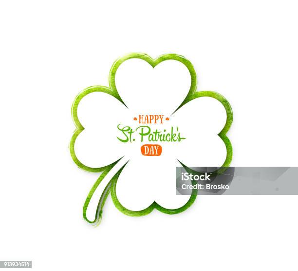 Irish Holiday Saint Patricks Day White Quatrefoil Clover On Green Watercolor Background Stock Illustration - Download Image Now