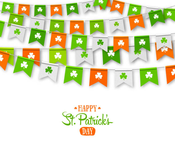 istock Irish holiday - happy Saint Patrick's Day backdrop with garland flags. Colorful festive bunting with clover on white background. 913934520