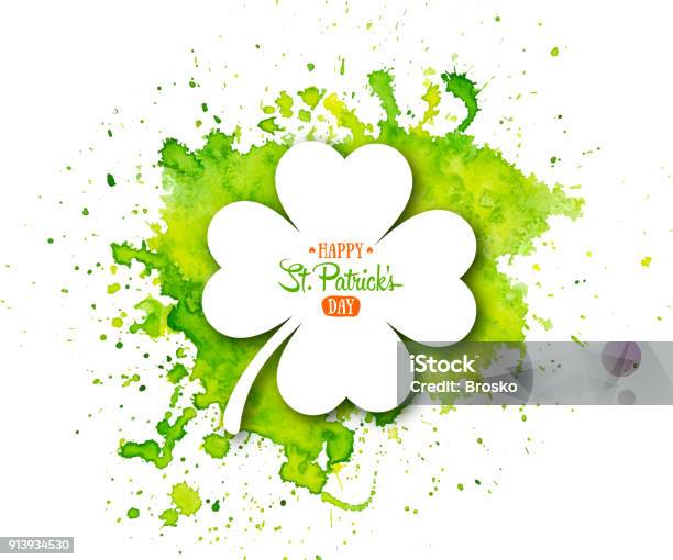 Jour De Vacances Irlandais Saint Patrick Trèfle Blanc Quadrilobe Sur Fond Abstrait Vert Waterolor Vecteurs libres de droits et plus d'images vectorielles de Trèfle à quatre feuilles