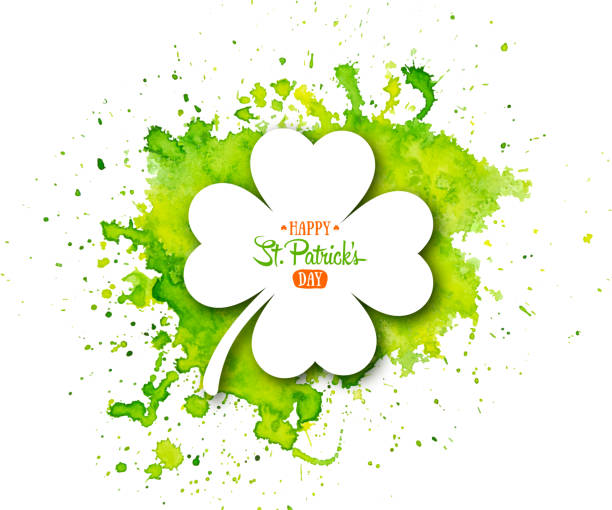 Irish holiday Saint Patrick's Day. White quatrefoil clover on abstract green waterolor background. Vector illustration with four-leaf clover for greeting card, poster, celebration banner clover leaf stock illustrations