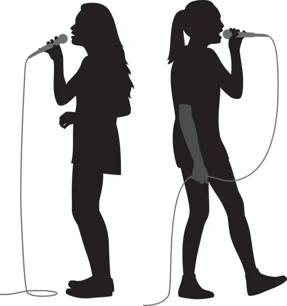 Vector illustration of Girls Singing into Mic Silhouettes