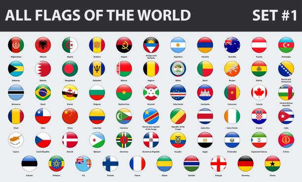 wszystkie flagi świata w porządku alfabetycznym. okrągły błyszczący styl. zestaw 1 z 3 - japan spain stock illustrations