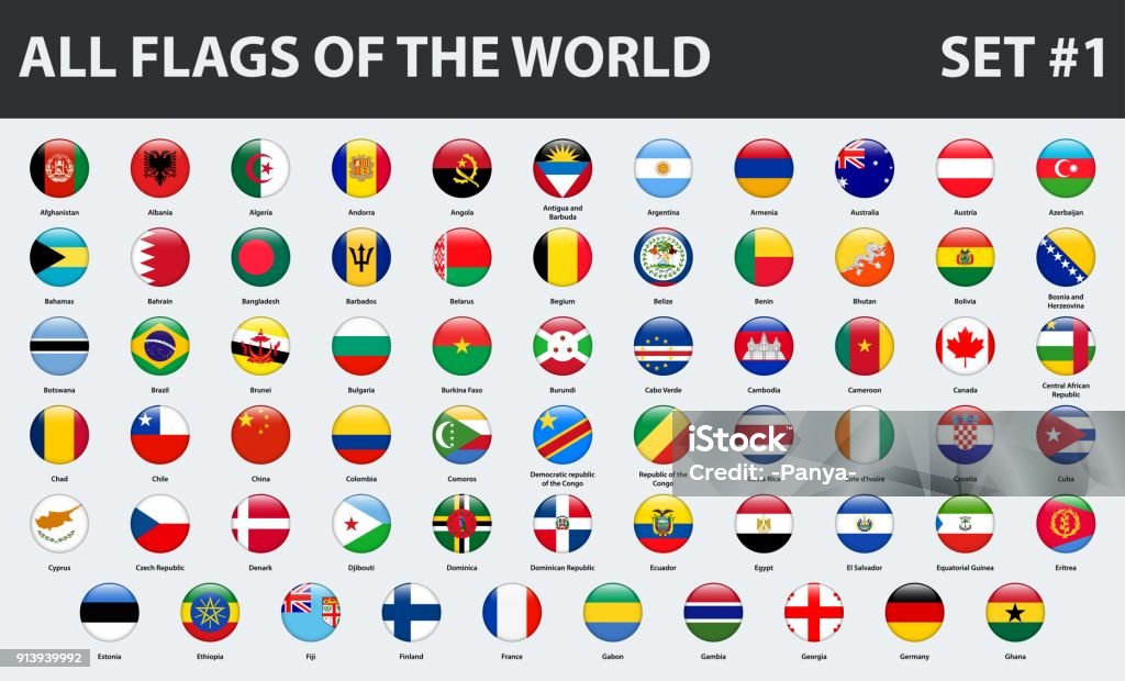 Todas as bandeiras do mundo em ordem alfabética. Estilo brilhante redondo. Conjunto 1 de 3 - Vetor de Bandeira royalty-free