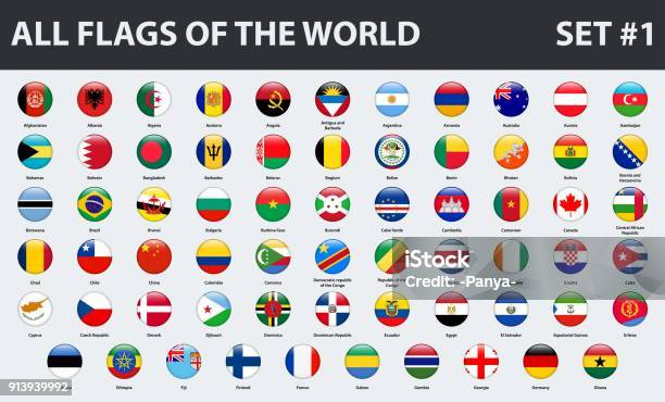 All Flags Of The World In Alphabetical Order Round Glossy Style Set 1 Of 3 Stock Illustration - Download Image Now
