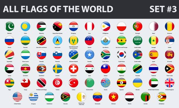 illustrations, cliparts, dessins animés et icônes de tous les drapeaux du monde dans l’ordre alphabétique. style brillant rond. lot 3 de 3 - pays zone géographique