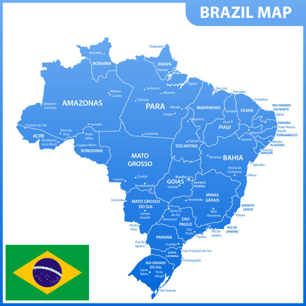 ilustrações, clipart, desenhos animados e ícones de o mapa detalhado do brasil com regiões ou estados e cidades, capitais, bandeira nacional - ceara state