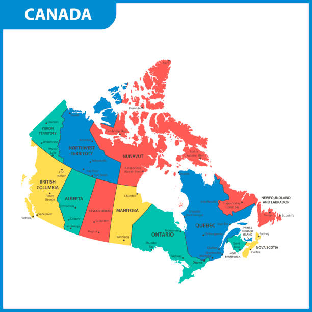 ilustraciones, imágenes clip art, dibujos animados e iconos de stock de el mapa detallado de canadá con ciudades, regiones o estados y capitales - canadian province