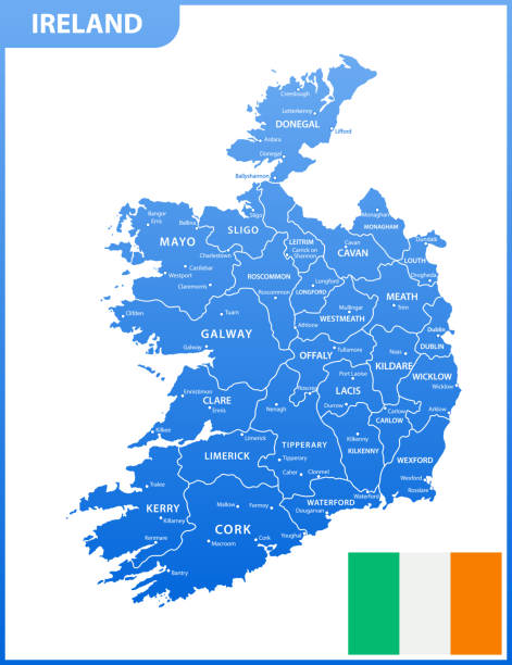 szczegółowa mapa irlandii z regionami lub państwami i miastami, stolicami, flagą narodową - munster province illustrations stock illustrations