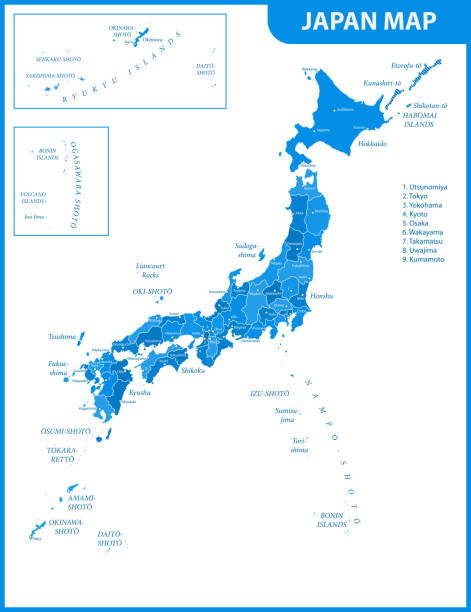 ilustraciones, imágenes clip art, dibujos animados e iconos de stock de el mapa detallado del japón con ciudades, regiones o estados y capitales - chubu region