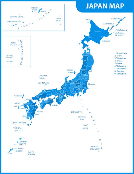 The detailed map of the Japan with regions or states and cities, capitals The detailed map of the Japan with regions or states and cities, capitals japan map fukushima prefecture cartography stock illustrations