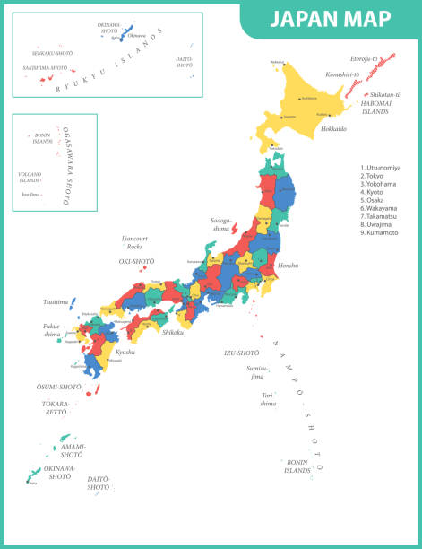 ilustraciones, imágenes clip art, dibujos animados e iconos de stock de el mapa detallado del japón con ciudades, regiones o estados y capitales - chubu region