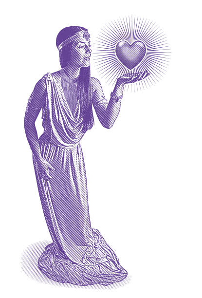 illustrations, cliparts, dessins animés et icônes de ultra violet gravure de déesse de l’amour et de romance tenant coeur embrasé - goddess venus aphrodite caucasian