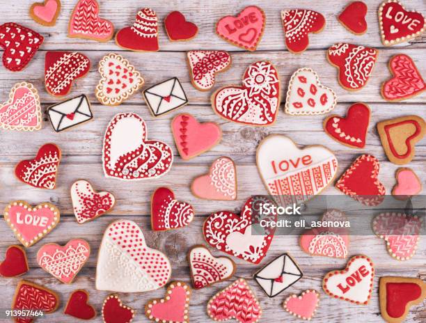 Heart Cookies On White Rustic Wooden Background Stock Photo - Download Image Now - Cake, Valentine's Day - Holiday, Heart Shape