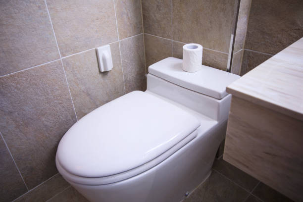 호텔에는 현대적인 욕실에 흰색 변기 - paper towel public restroom hygiene cleaning 뉴스 사진 이미지
