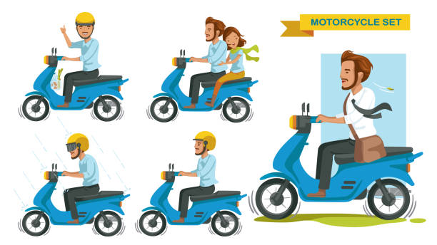 Riding motorcycle Riding motorcycle set. Man gestures are driving many motorcycles. Thumbs up. Couple riding a motorcycle. Driving in the rain. Drive safely, wear a helmet. Businessmen drive to work. vector isolated bike hand signals stock illustrations
