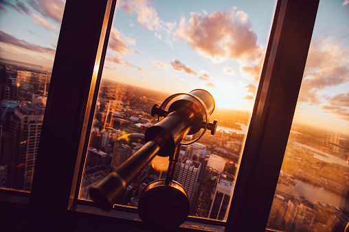 High angle view of Sydney skyscrapers during sunrise