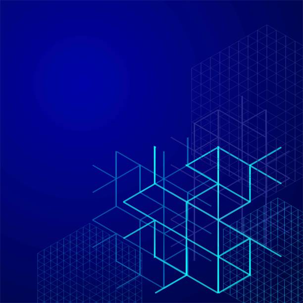 illustrazioni stock, clip art, cartoni animati e icone di tendenza di scatole astratte digitali su sfondo blu. linee e illustrazione vettoriale cubo. - hexagon backgrounds technology pattern