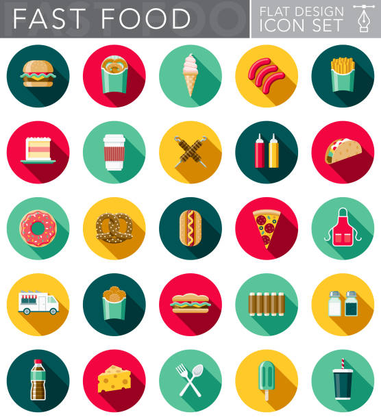 düz tasarım fast food icon set yan gölge ile - atıştırmalıklar illüstrasyonlar stock illustrations