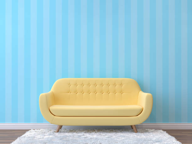 Colorful living room with pastel color 3d rendering image.There are minimalist style image , empty wall with blue pattern,wood floor furnished with yellow sofa.
