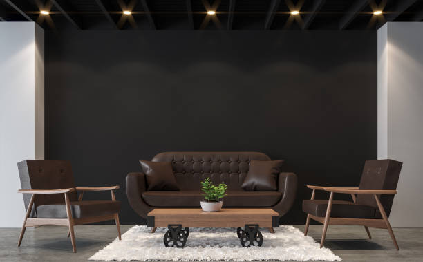 Modern loft living room with black and white 3d rendering image.