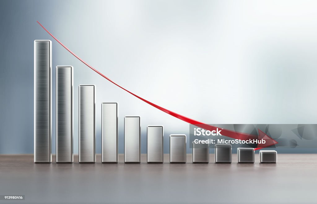 Financial Chart On Wood Surface Showing Drastic Decreasing Metallic financial chart and a red arrow on wood surface are showing a drastic decrease. Horizontal composition with selective focus and copy space. Reduction Stock Photo