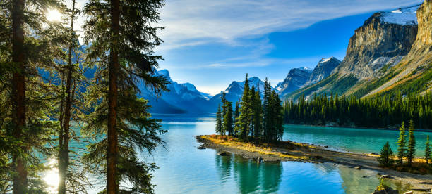 isla de espأritu en maligne lake, parque nacional jasper, canadá - dawn mountain range mountain canadian rockies fotografías e imágenes de stock