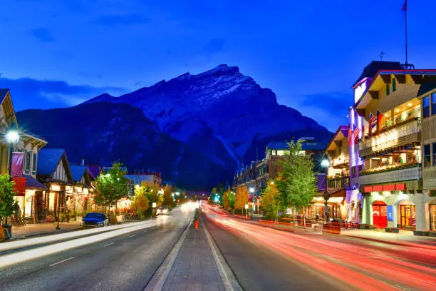 Photo of Street view of famous Banff Avenue at twilight time.