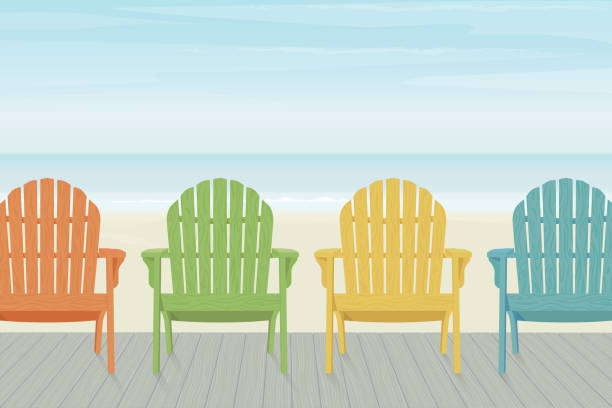 ボードウォークにカラフルなアディロンダック ビーチチェア - outdoor chair illustrations点のイラスト素材／クリップアート素材／マンガ素材／アイコン素材