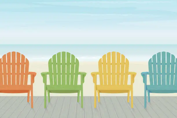 Vector illustration of Colorful Adirondack Beach Chairs on Boardwalk